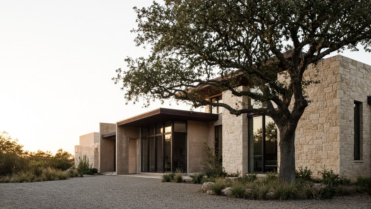Limestone Austin residence under a live oak at golden hour