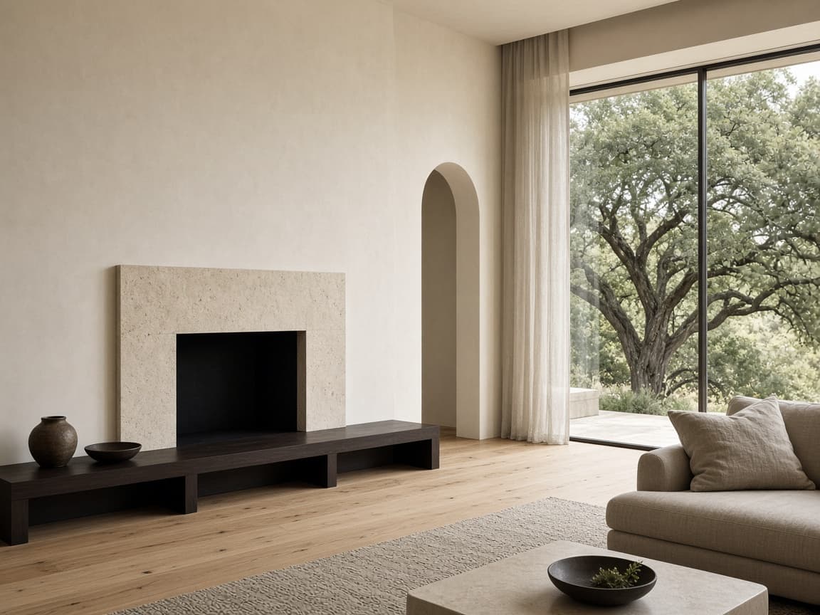 Quiet interior with white oak floors, plaster walls, and a live oak beyond the glass