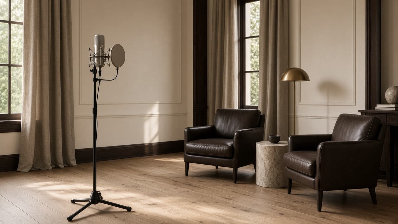Quiet recording salon with a condenser microphone, plaster walls, and afternoon light